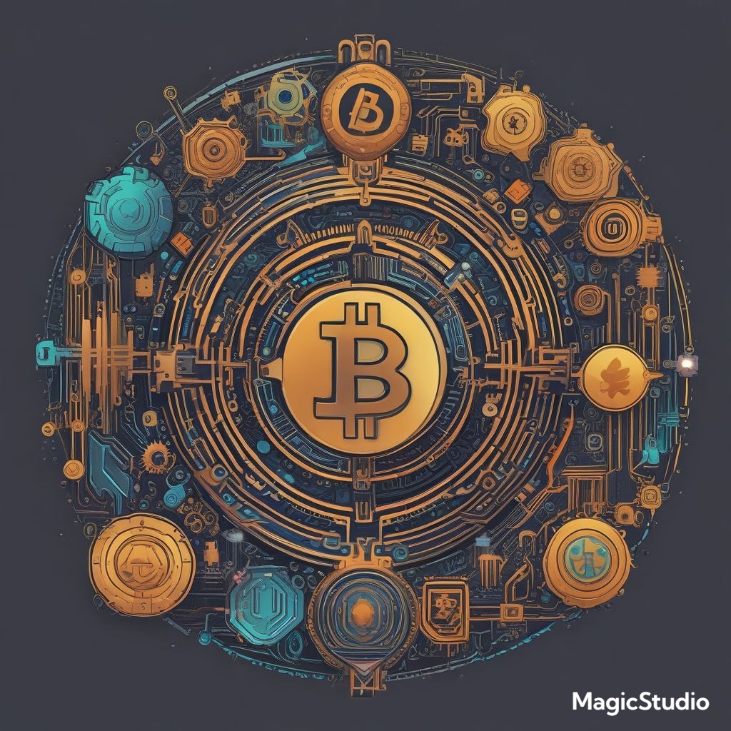 Bitcoin and Ethereum logos surrounded by blockchain technology and mining elements, symbolizing crypto mining process